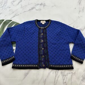 Tally Ho Womens Vintage Nordic Cardigan Sweater Size L Petite Blue Purple Wool